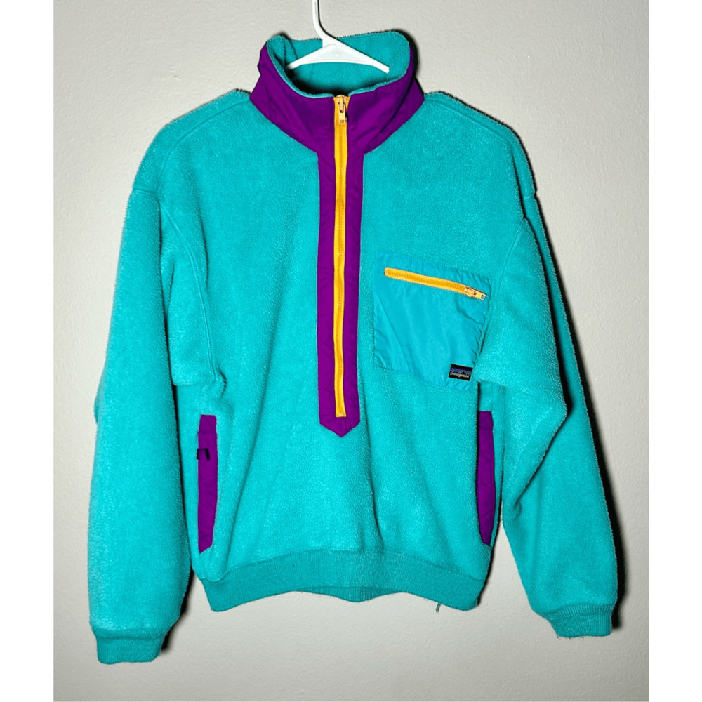 Patagonia Teal Fleece Pullover with Purple & Yellow Accents